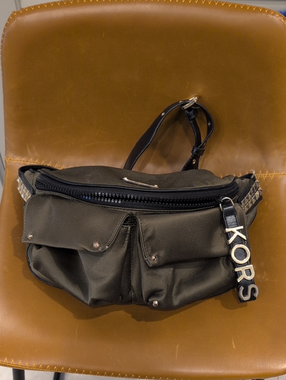 Michael Kors Olivia Studded Satin Belt Bag Olive Green  And Blk Gold Zip